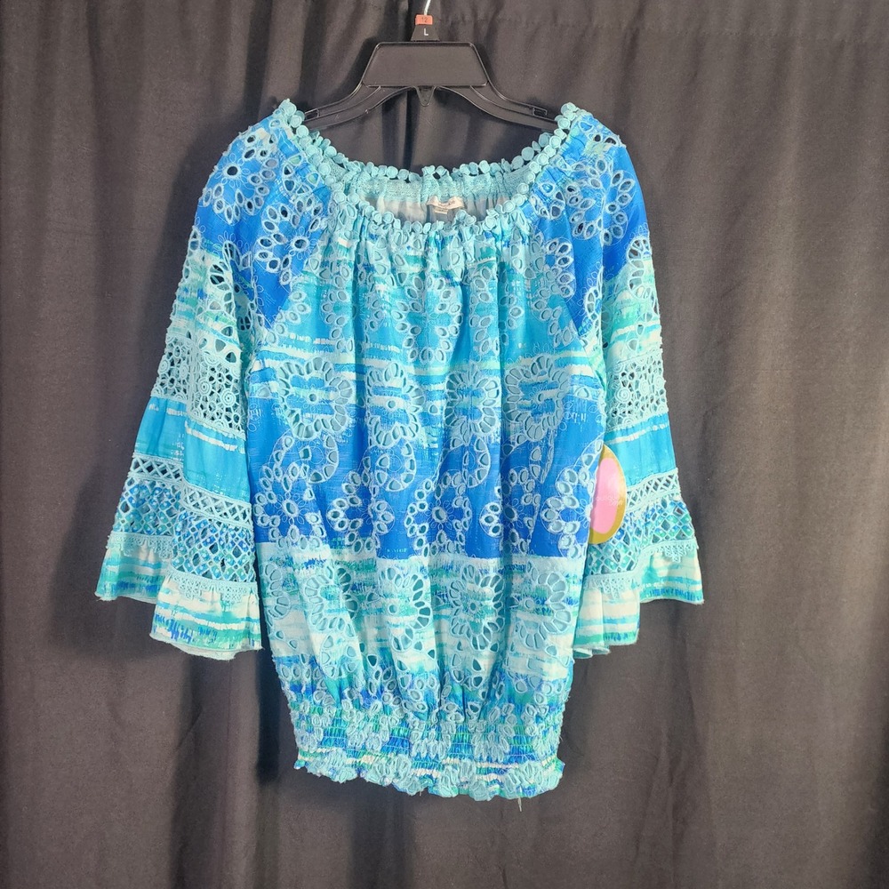 Tyler Boe Claire Eyelet Topper Blouse Blue Embroidered Off Shoulder XS BOHO NWT